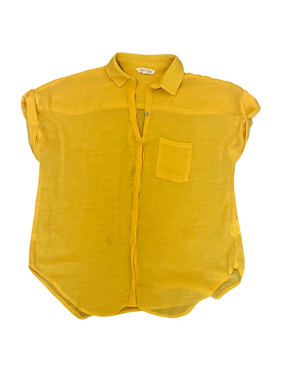 Lily Star Mustard Short-Sleeve Button-Down Sheer Blouse